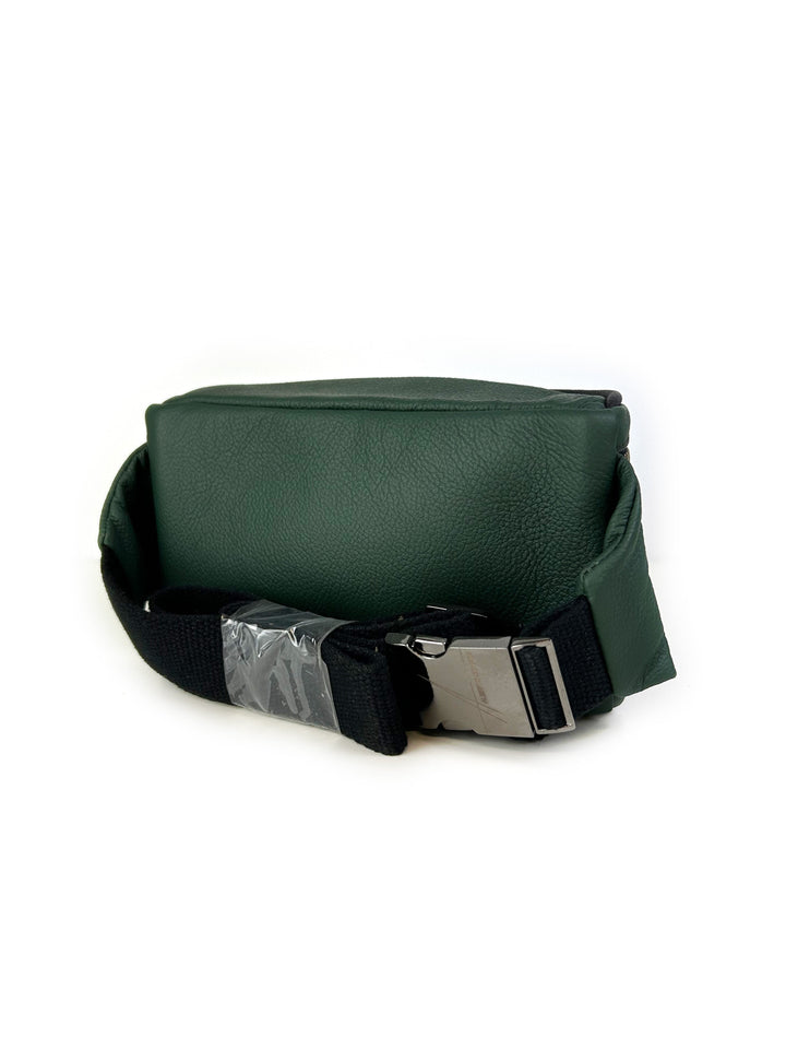 Green leather fanny pack with adjustable black strap and silver buckle