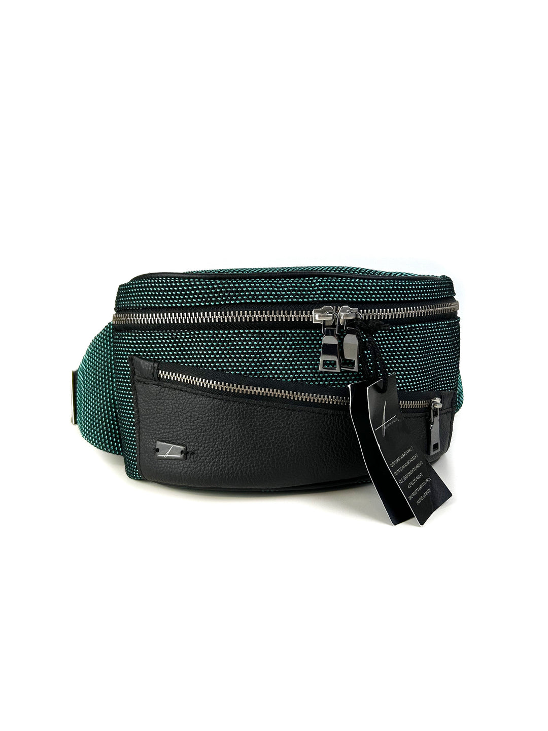 Green and black waist bag with zippers and attached tags