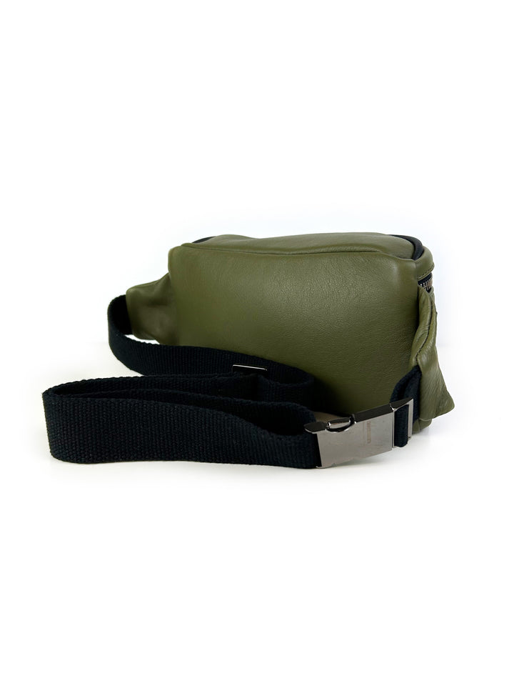 Olive green crossbody bag with black adjustable strap and silver buckle