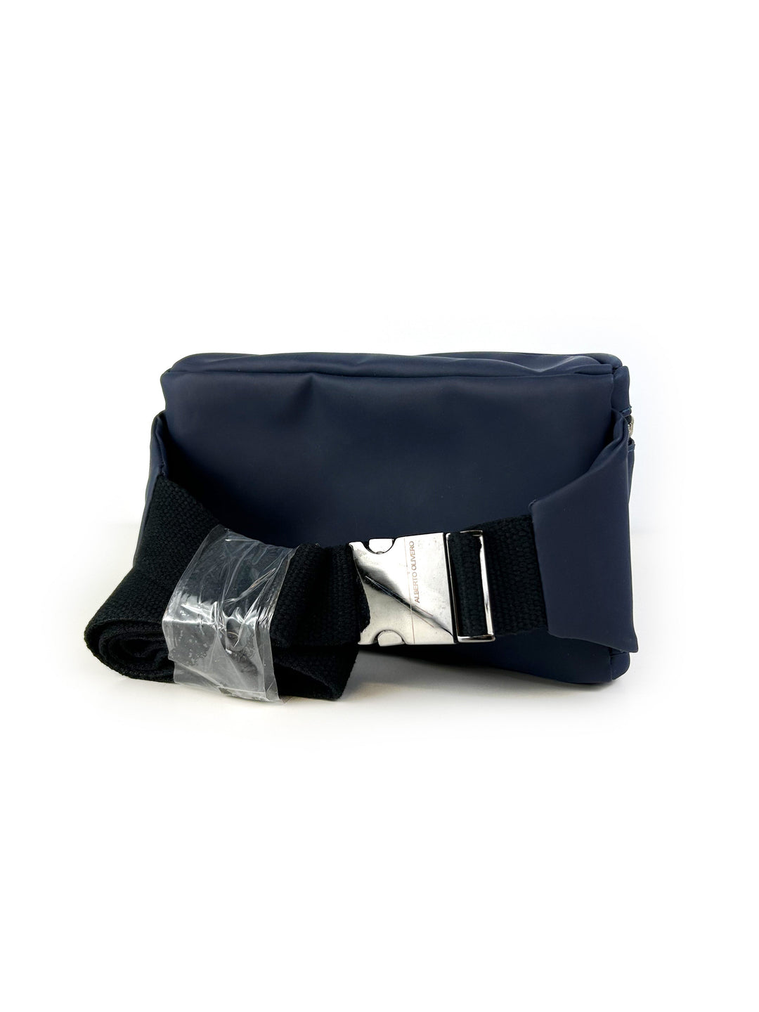 Dark blue crossbody bag with black strap and silver buckle