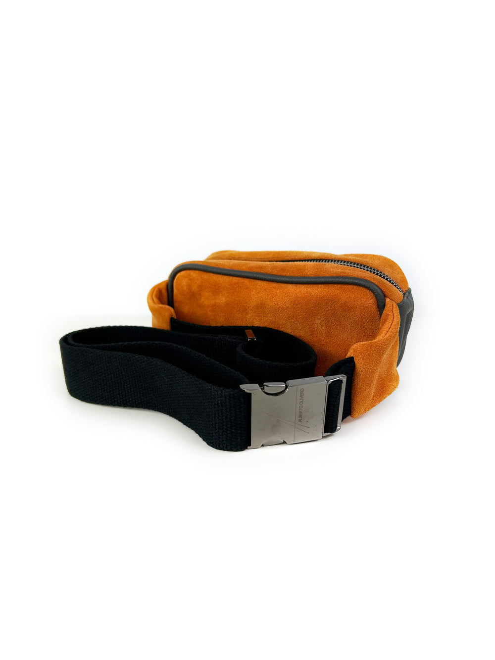 Rust orange suede waist bag with black adjustable strap and metallic buckle