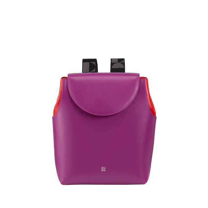 Purple and red designer backpack with black straps