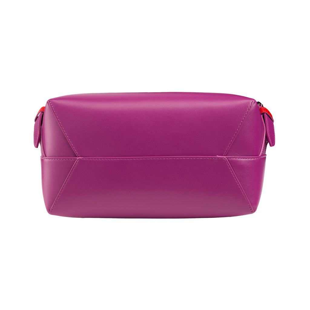 Purple leather travel pouch with a minimalist design