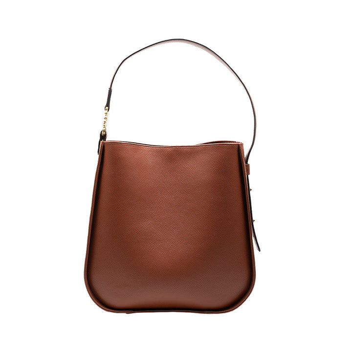 Brown leather handbag with curved bottom and single shoulder strap
