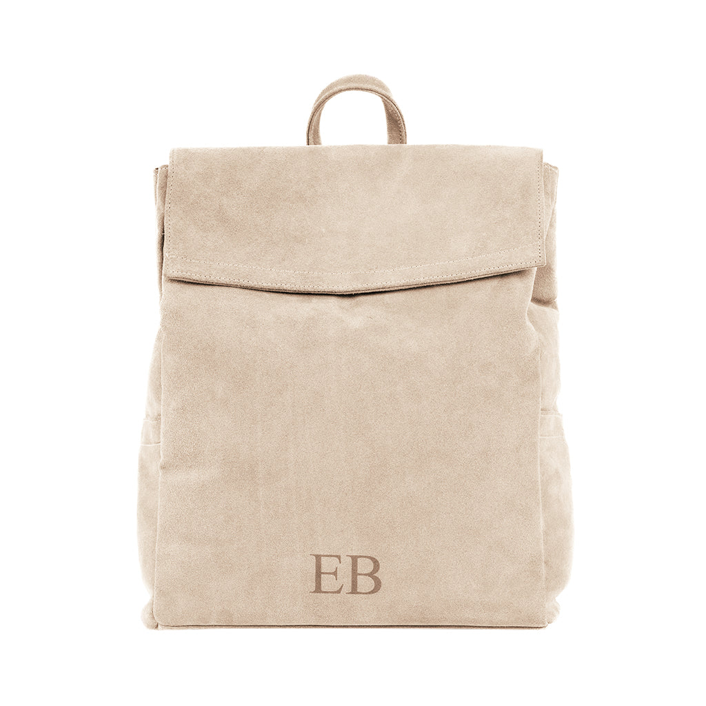 Beige suede backpack with EB logo on front flap