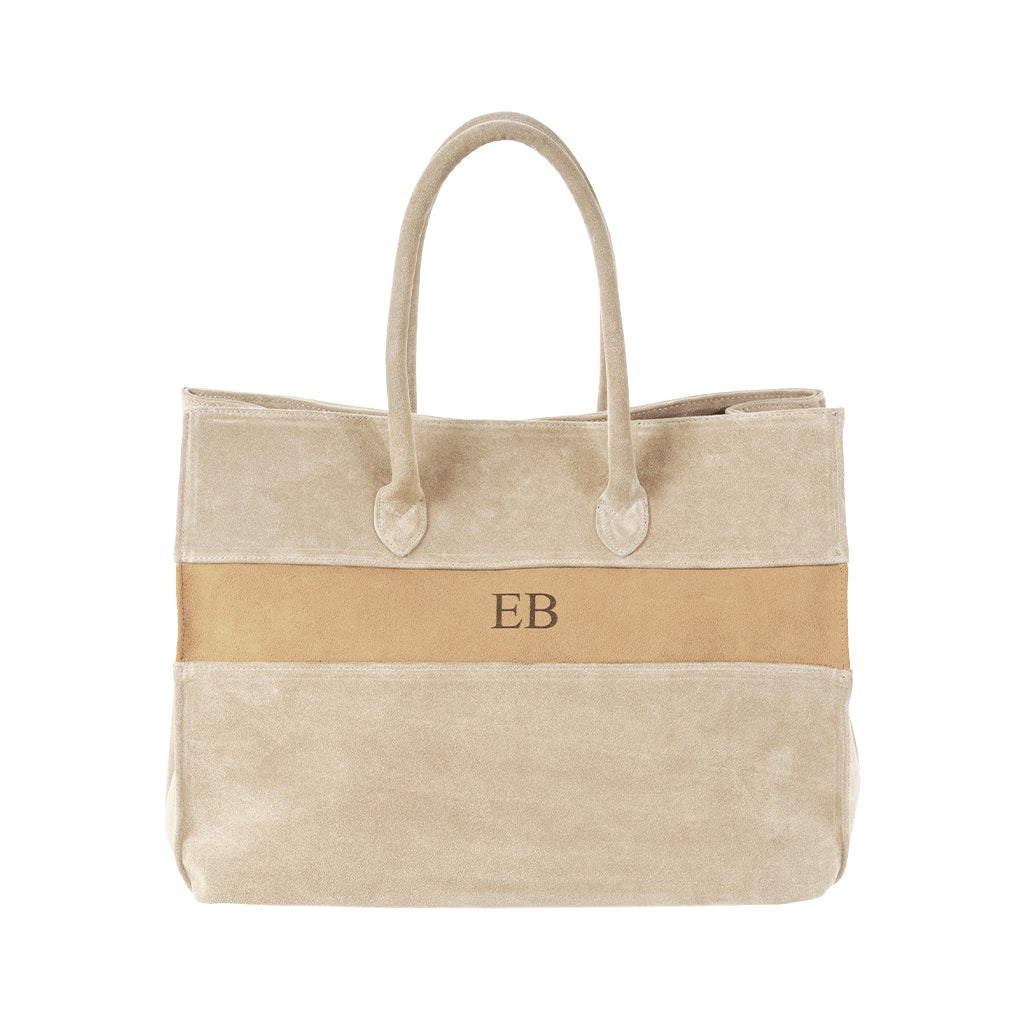 Beige suede tote bag with initials EB on front