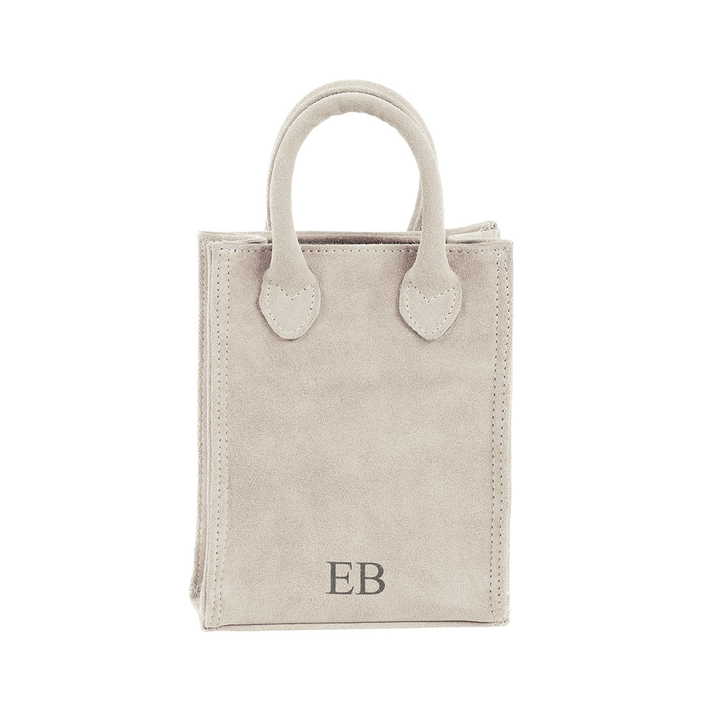 Beige suede handbag with monogrammed letters EB on the front