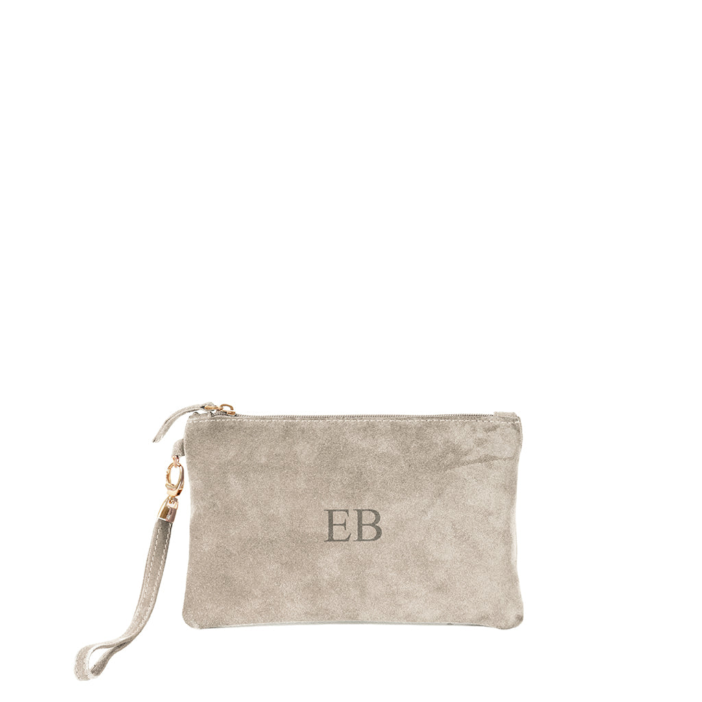 Beige suede wristlet clutch with personalized initials