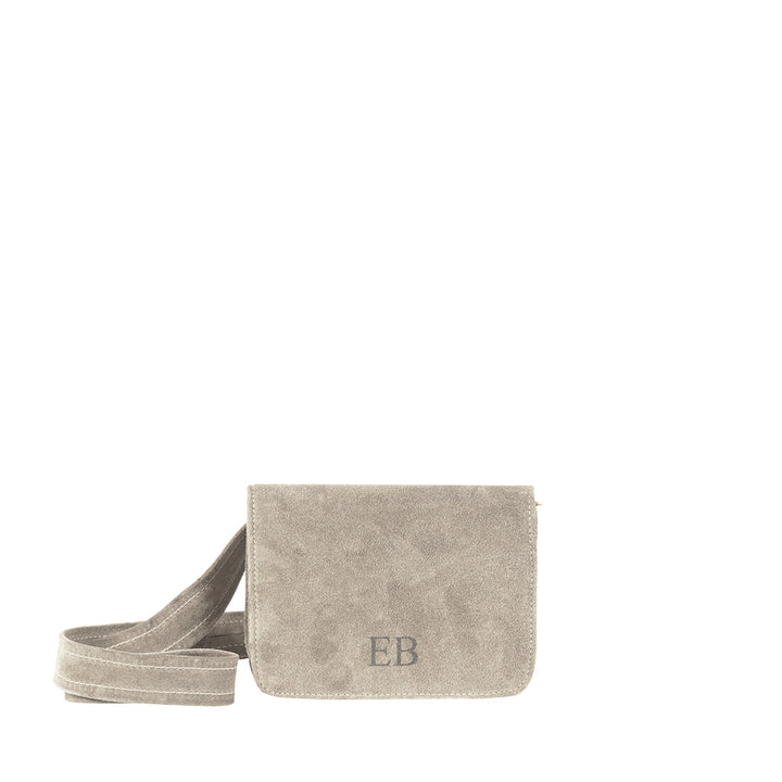 Gray suede crossbody bag with initials 'EB' on front flap