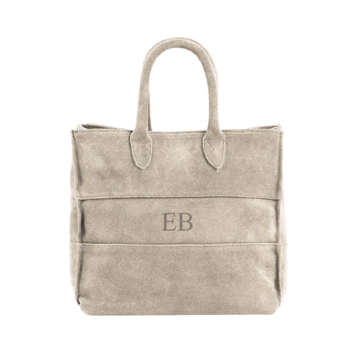 Suede tote bag with monogrammed initials EB in the center