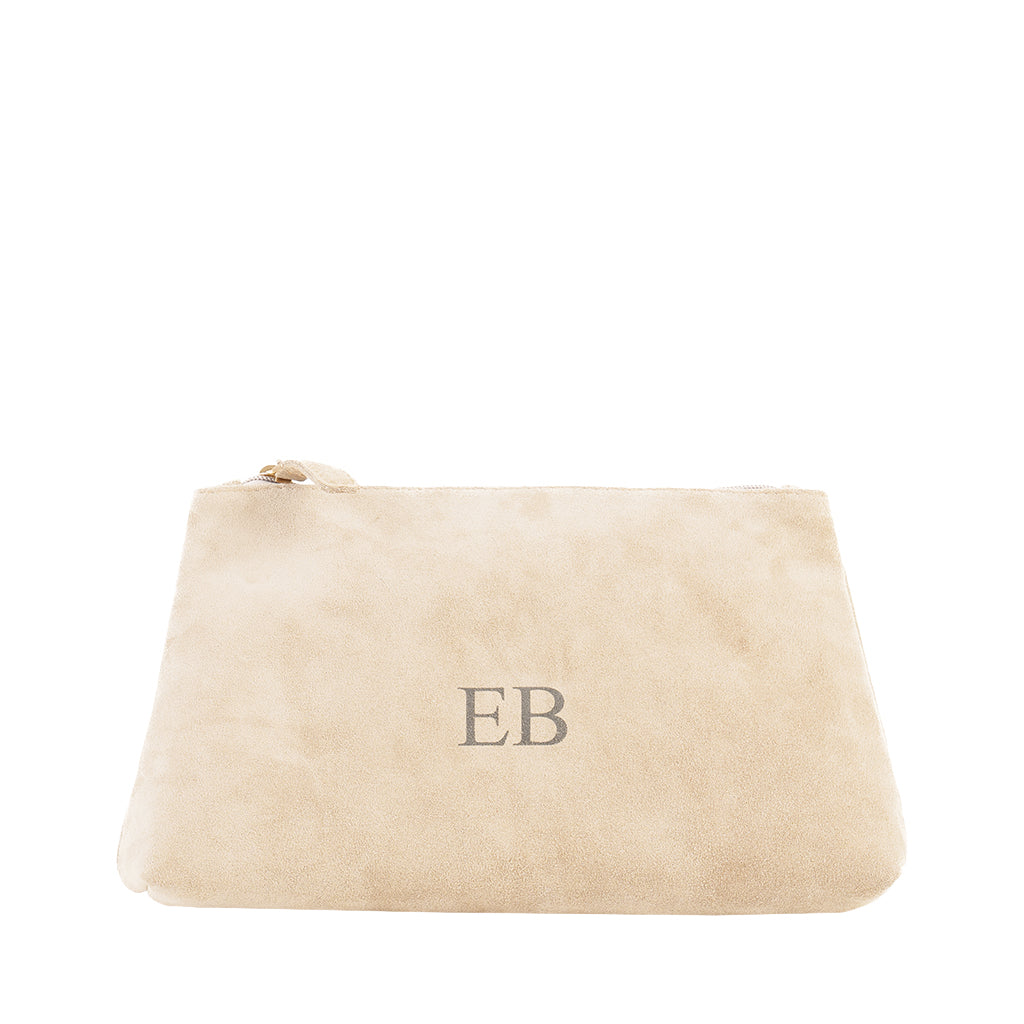 Beige suede zipper pouch with EB monogram