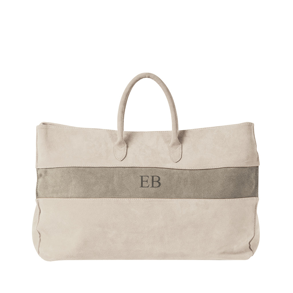 Cream and beige suede tote bag with handles and EB monogram