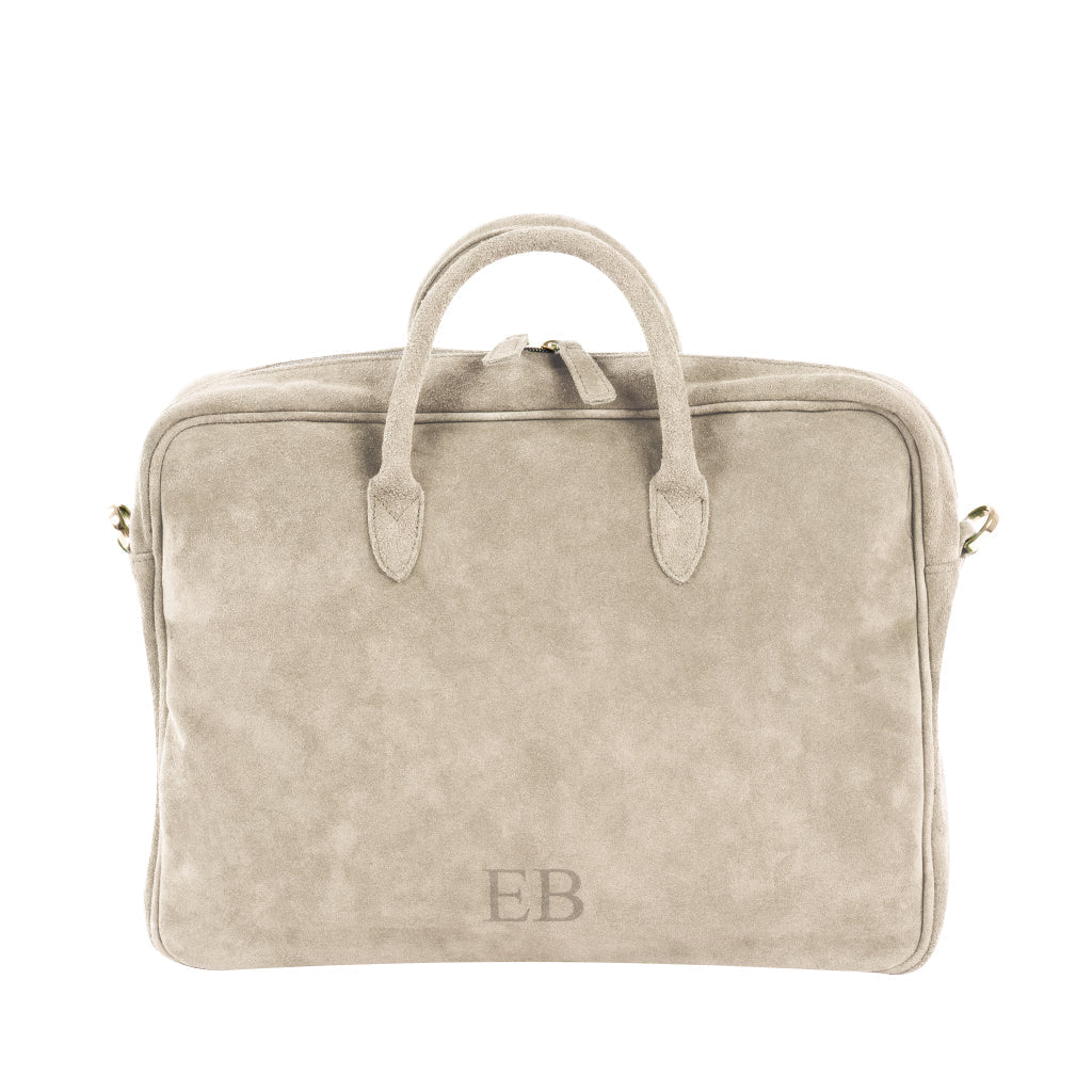 Light beige suede leather handbag with top handles and monogram EB