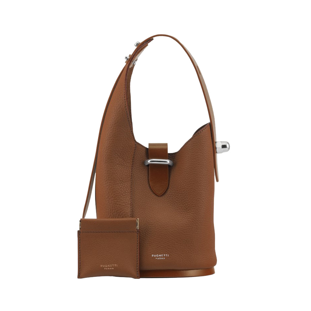 Brown leather bucket bag with matching coin purse