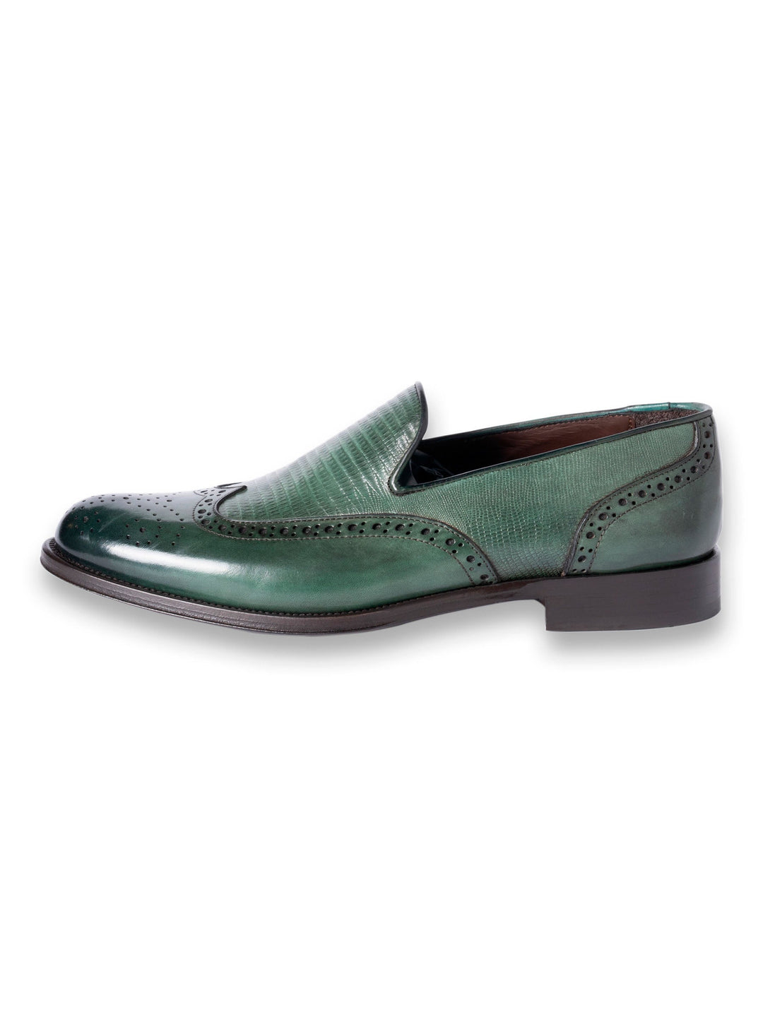 Green leather brogue slip-on shoe with decorative perforations