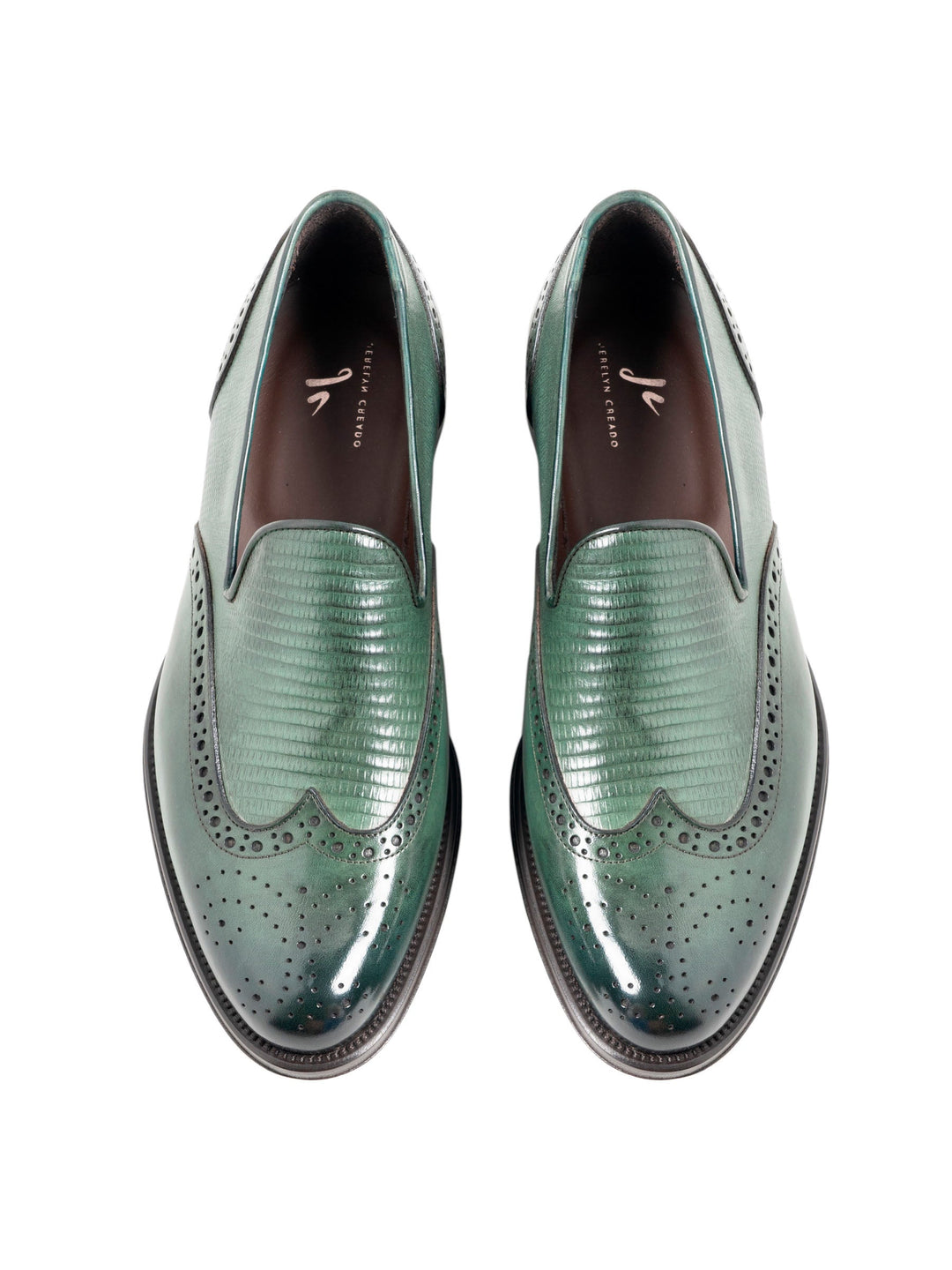 Green leather men's loafers with perforated details, top view