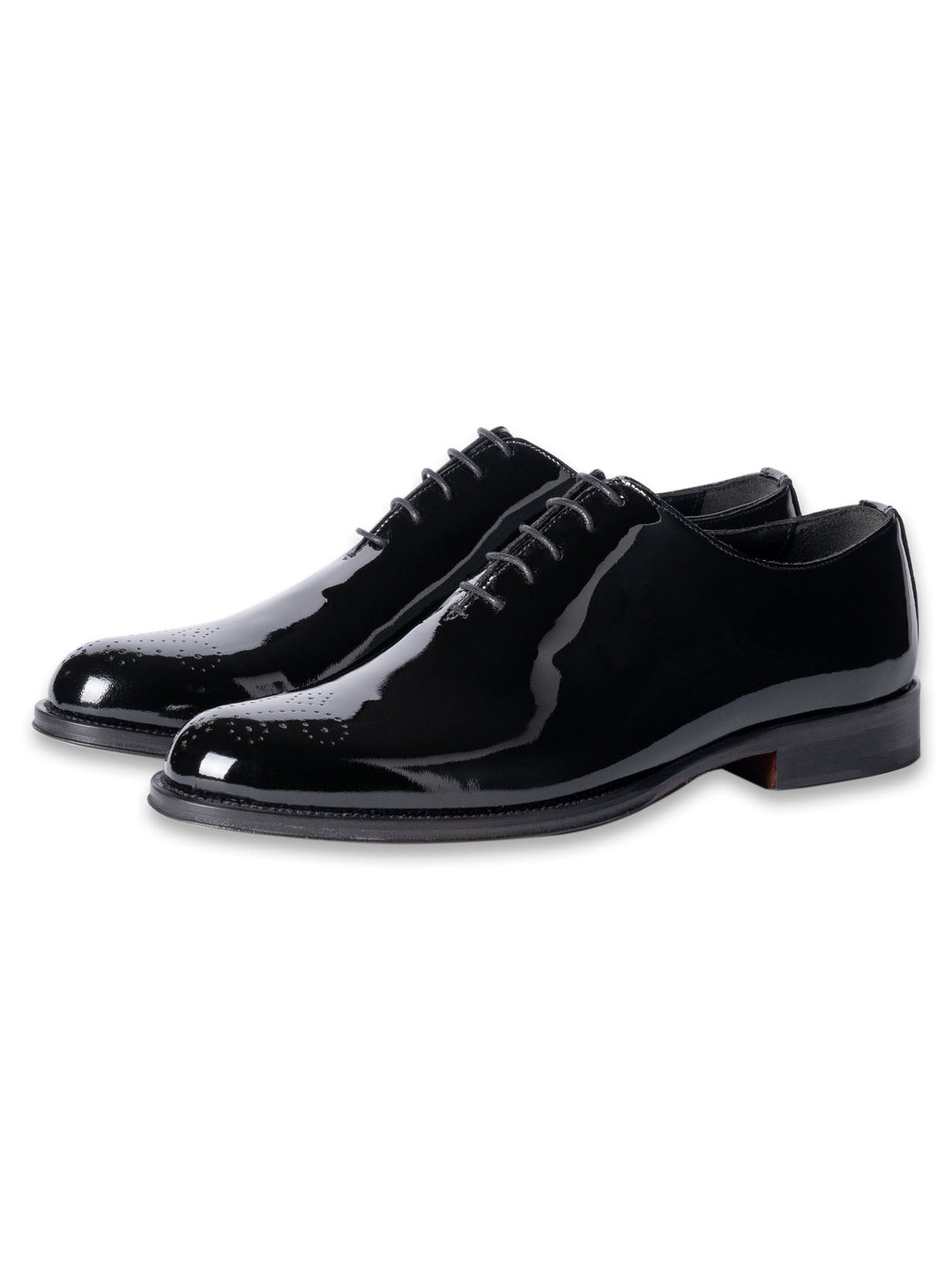 Black patent leather oxford dress shoes with lace-up closure and polished finish