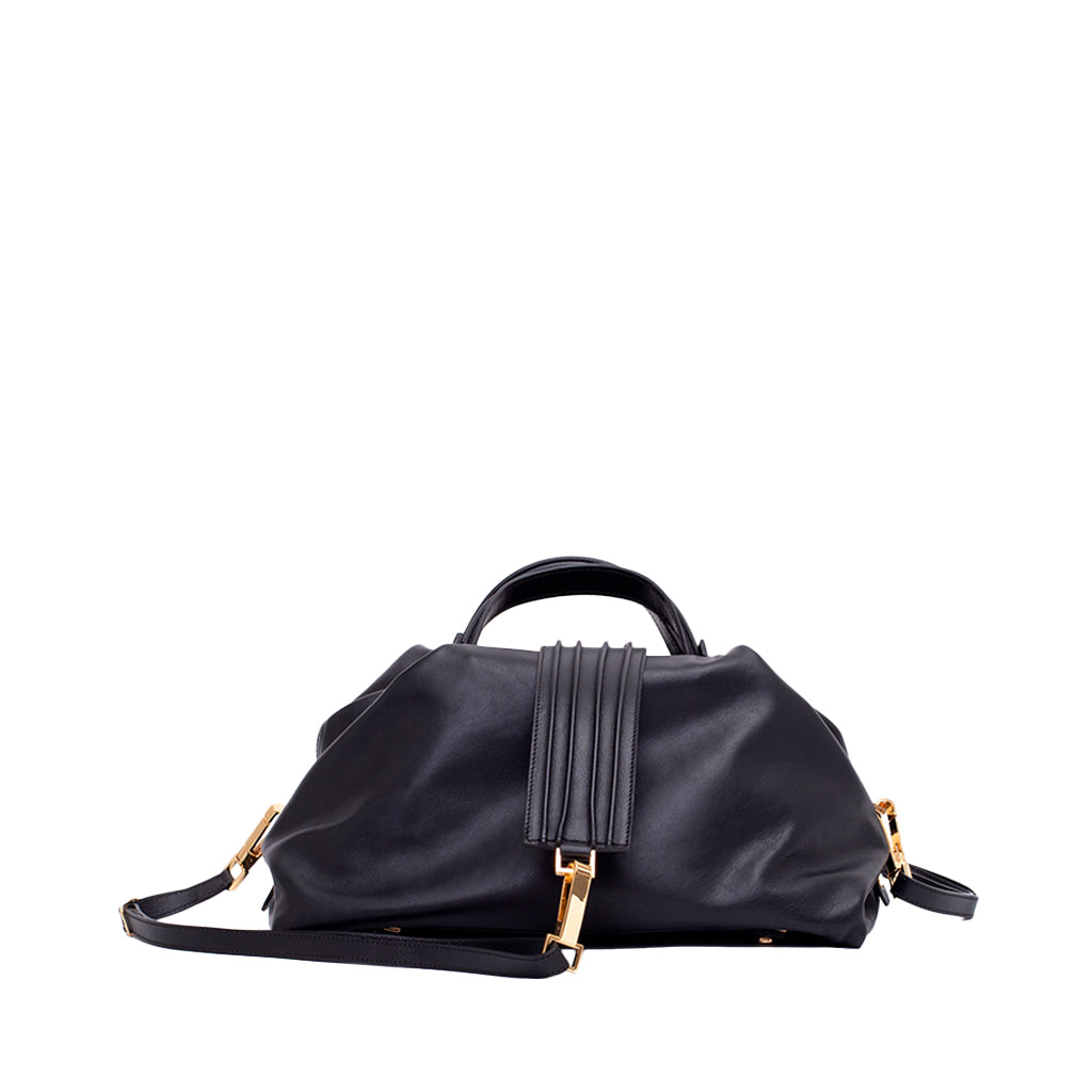 Luxury black leather handbag with gold hardware and detachable strap