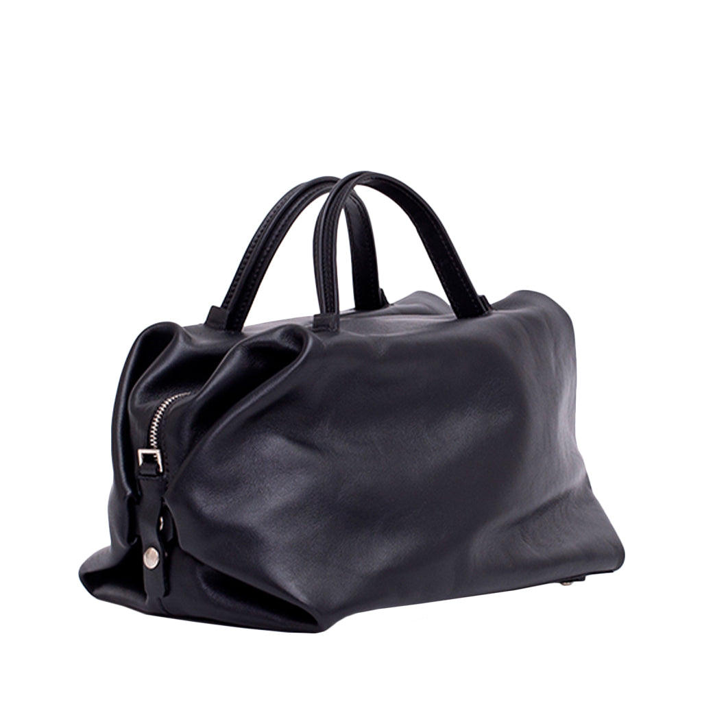 Luxury black leather handbag with silver zipper and short handles