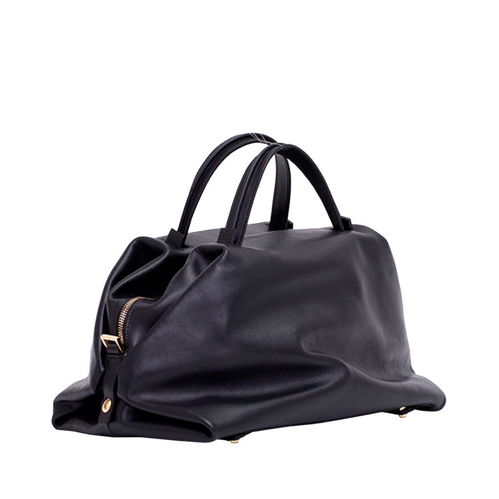 Black leather handbag with gold zipper and dual handles