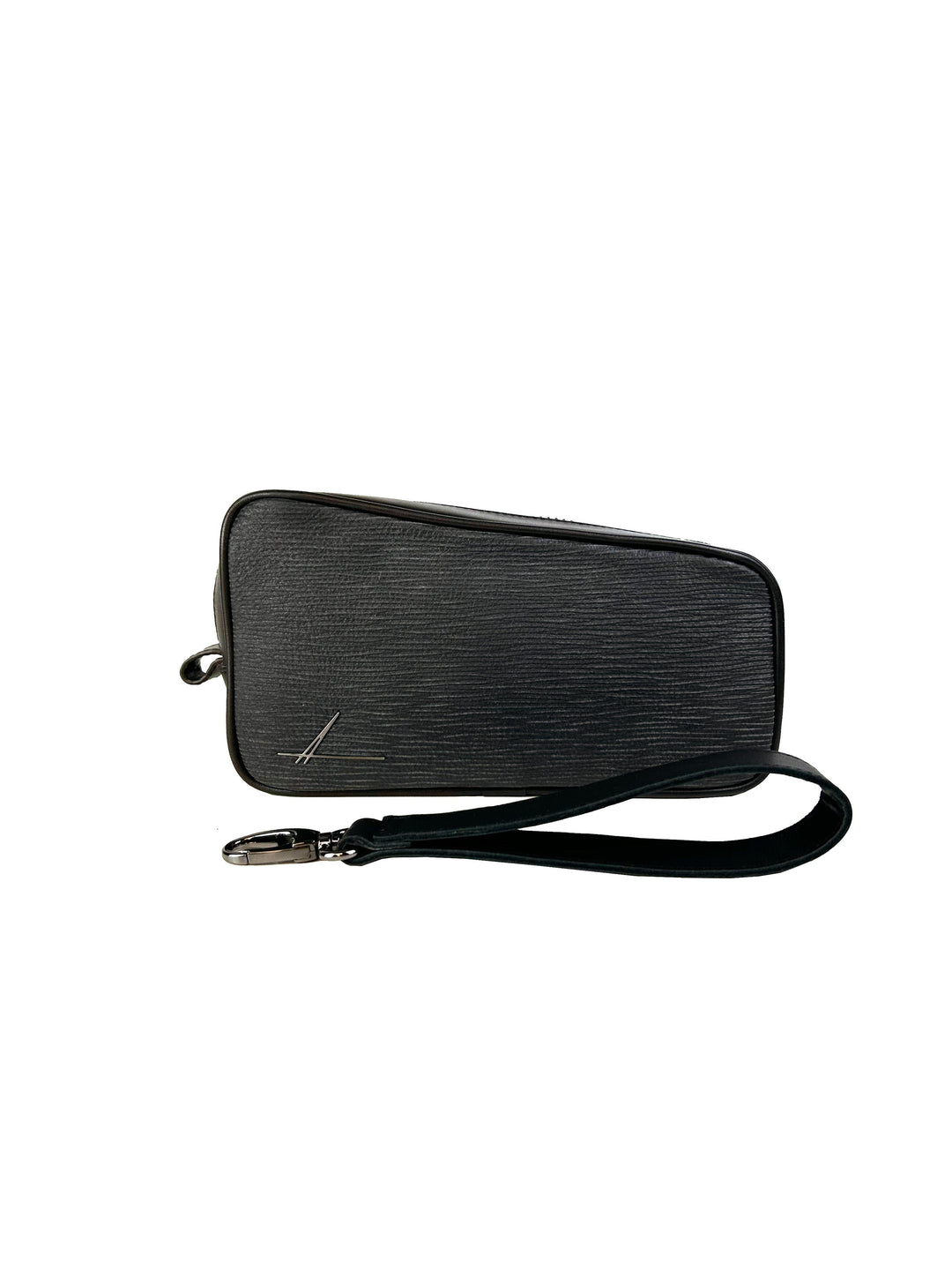 Black leather wristlet clutch with detachable strap and silver hardware