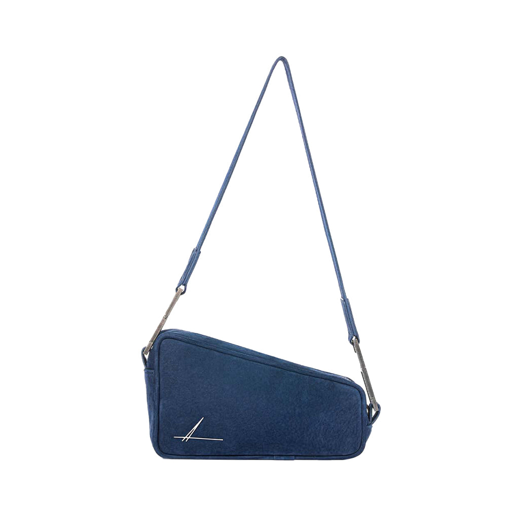 Blue asymmetrical shoulder bag with silver hardware and adjustable strap