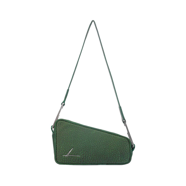 Green triangular designer handbag with shoulder strap