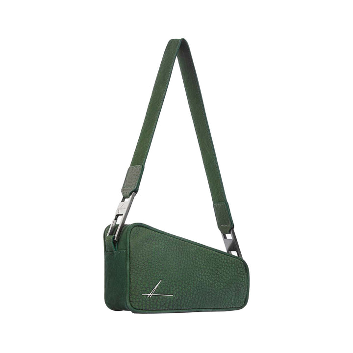 Green leather shoulder bag with an adjustable strap and a sleek, modern design