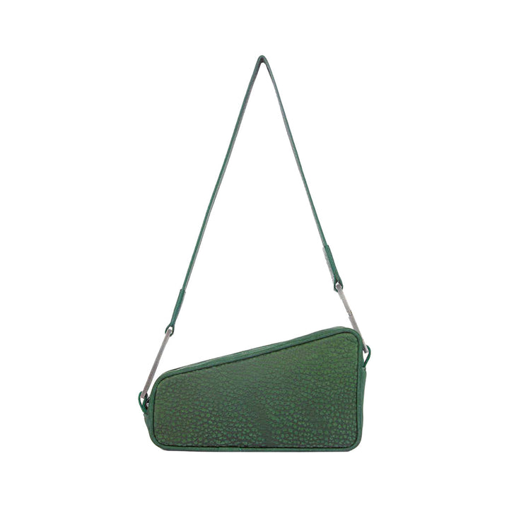 Green leather shoulder handbag with a unique, asymmetrical design and a thin strap