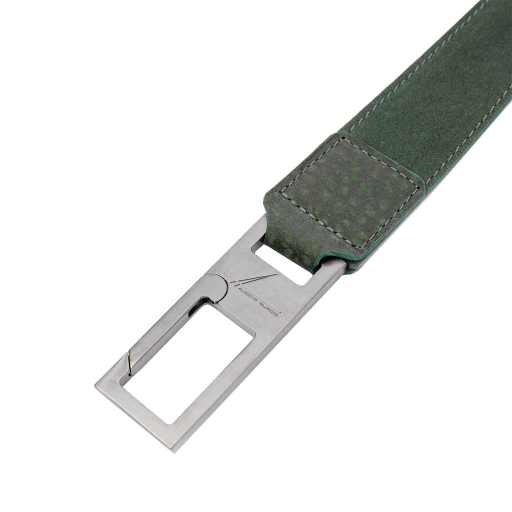 Green leather belt with modern metallic buckle