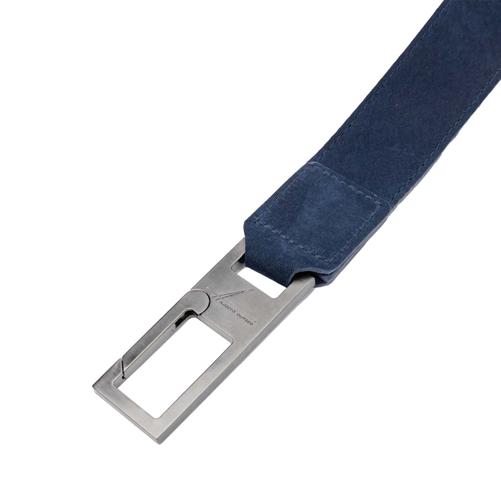 Blue suede belt with silver rectangular buckle