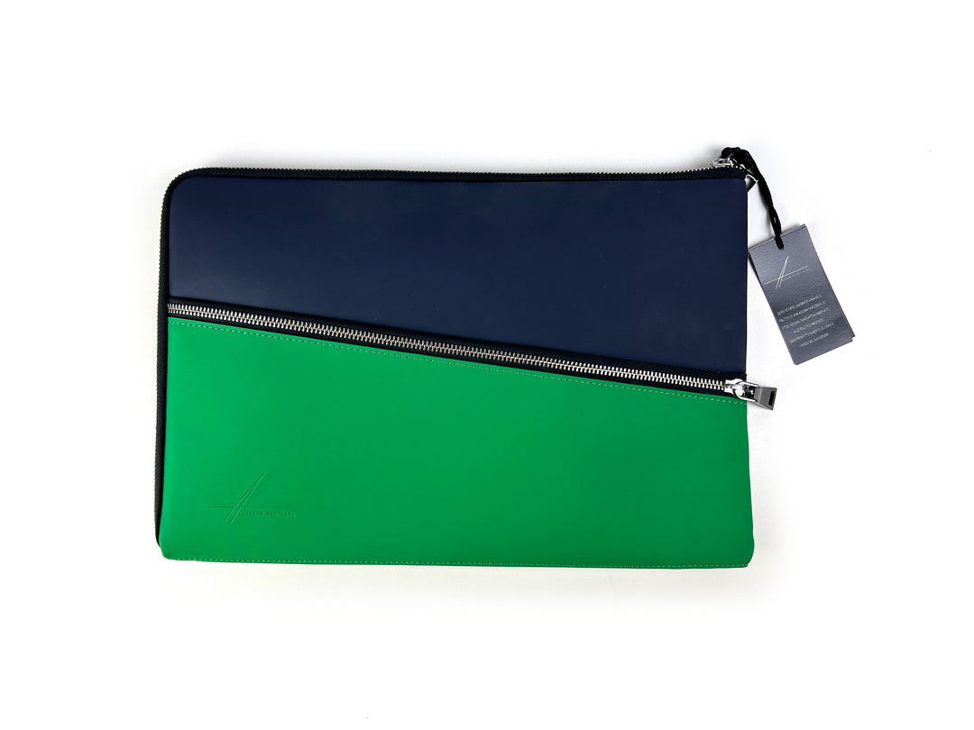 Blue and green zippered document pouch with tag on white background