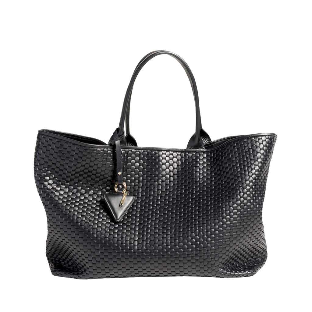 Black woven leather handbag with double handles and a pendant charm