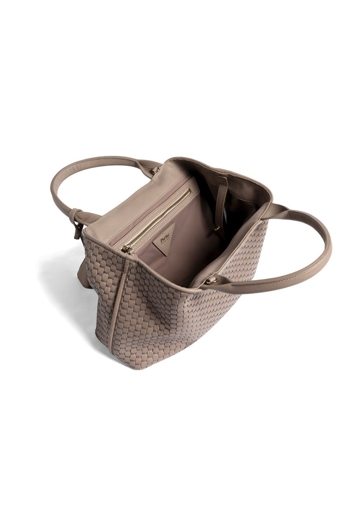 Beige woven leather handbag with open top and interior zippered pocket