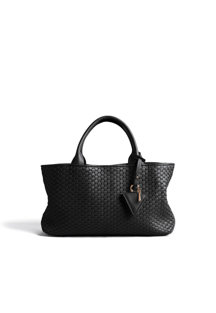 Black woven leather handbag with gold accents and a structured design