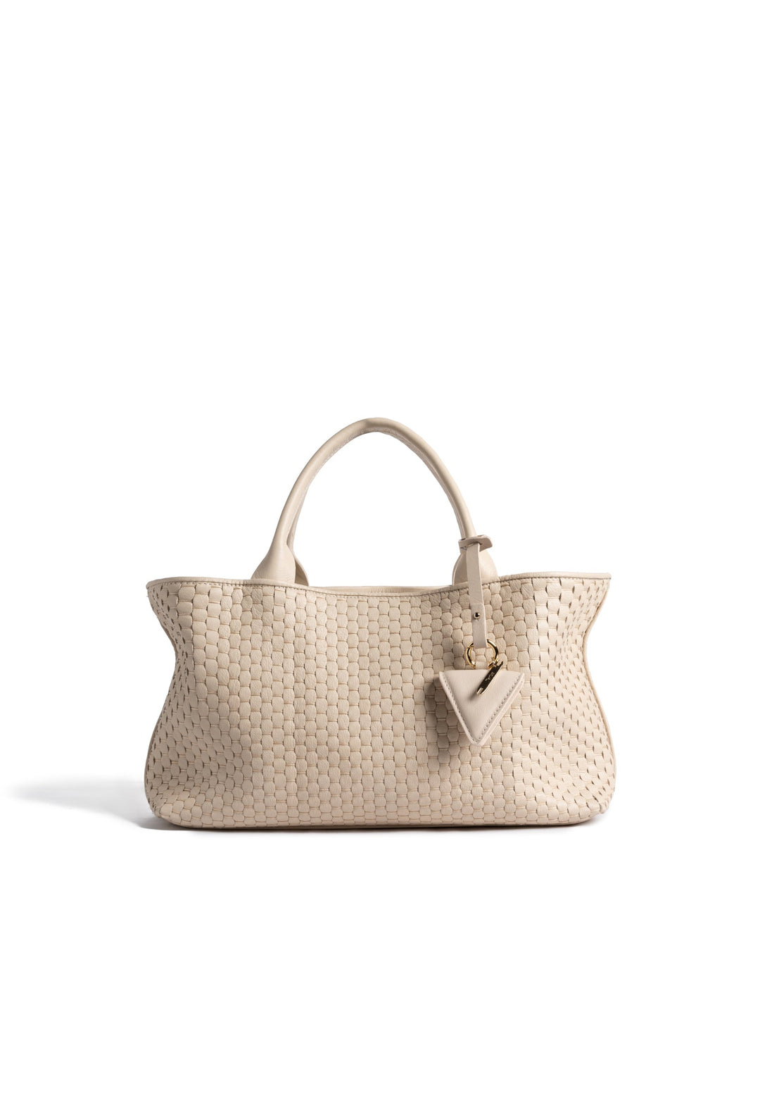 Elegant beige woven handbag with top handles and decorative charm