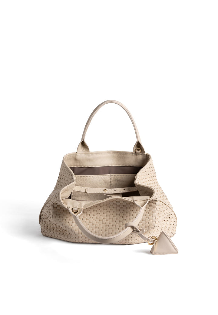 Beige woven leather handbag with multiple compartments and handles