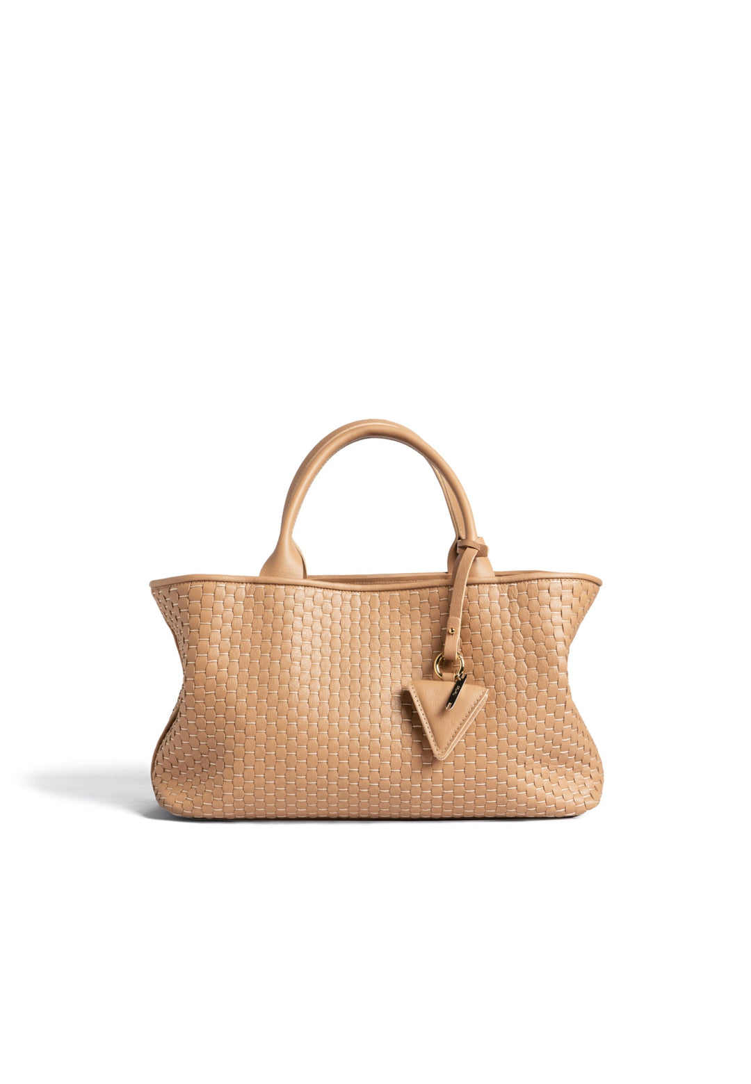 Tan woven leather handbag with structured handles and attached mini pouch