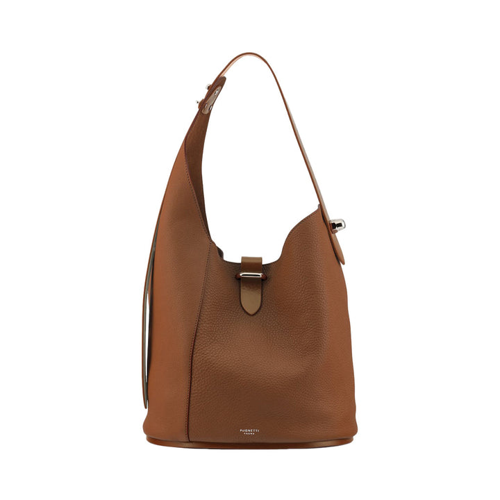 Brown leather bucket bag with shoulder strap