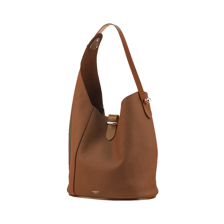 Brown leather tote bag with single shoulder strap and silver clasp