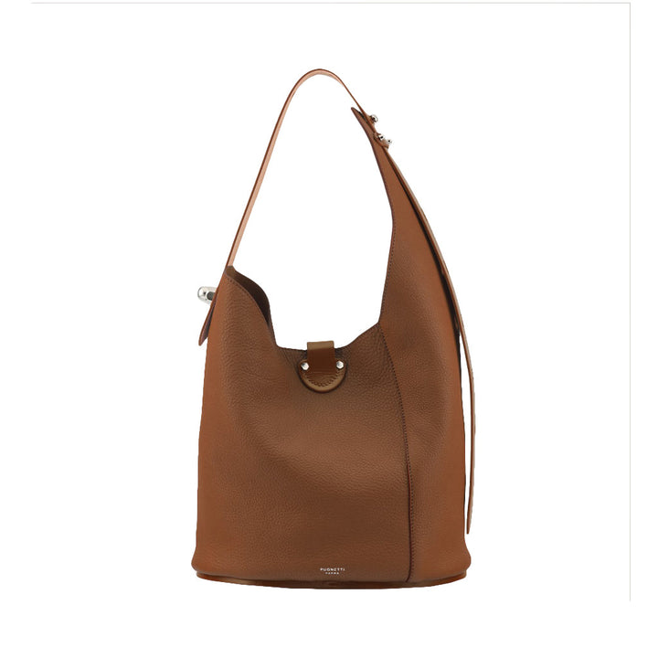 Brown leather shoulder handbag with strap and metallic accents