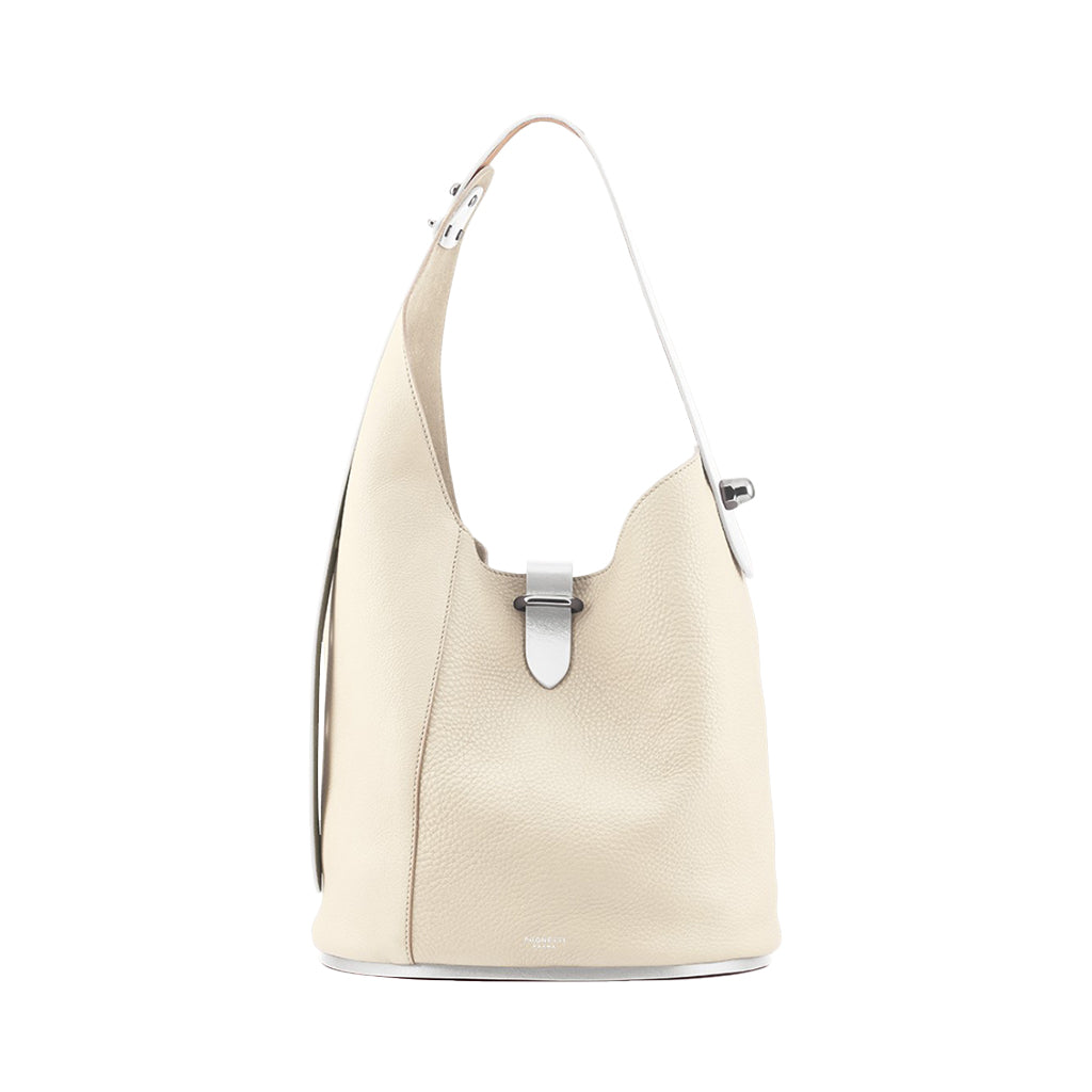 Beige leather bucket bag with silver hardware and a single shoulder strap