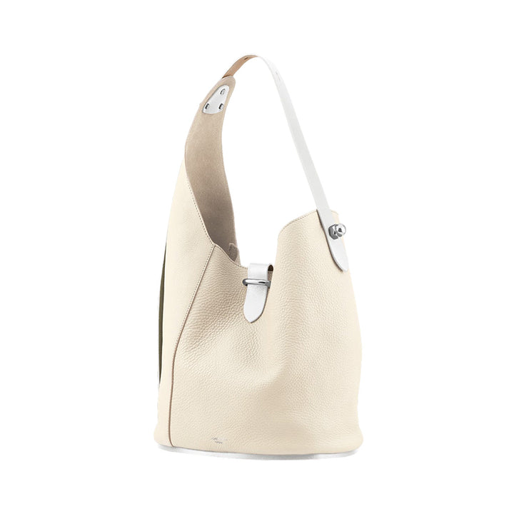 Cream leather handbag with white strap and buckle detail