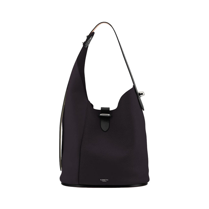 Black leather hobo bag with shoulder strap and buckle closure