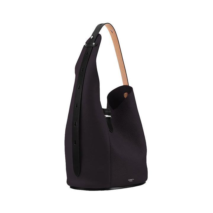 Elegant black leather bucket bag with adjustable strap