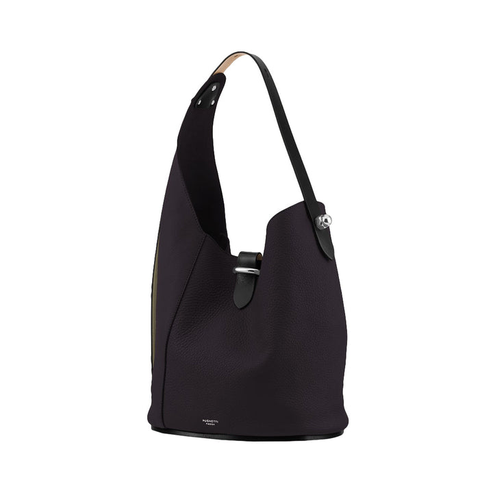 Dark purple leather tote bag with a single black strap and metallic hardware