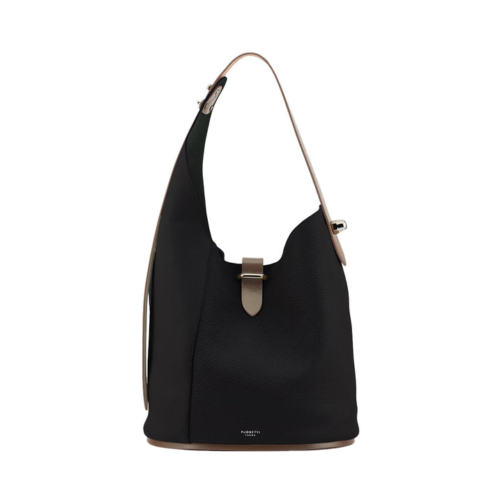 Black leather bucket bag with beige strap and gold-tone hardware