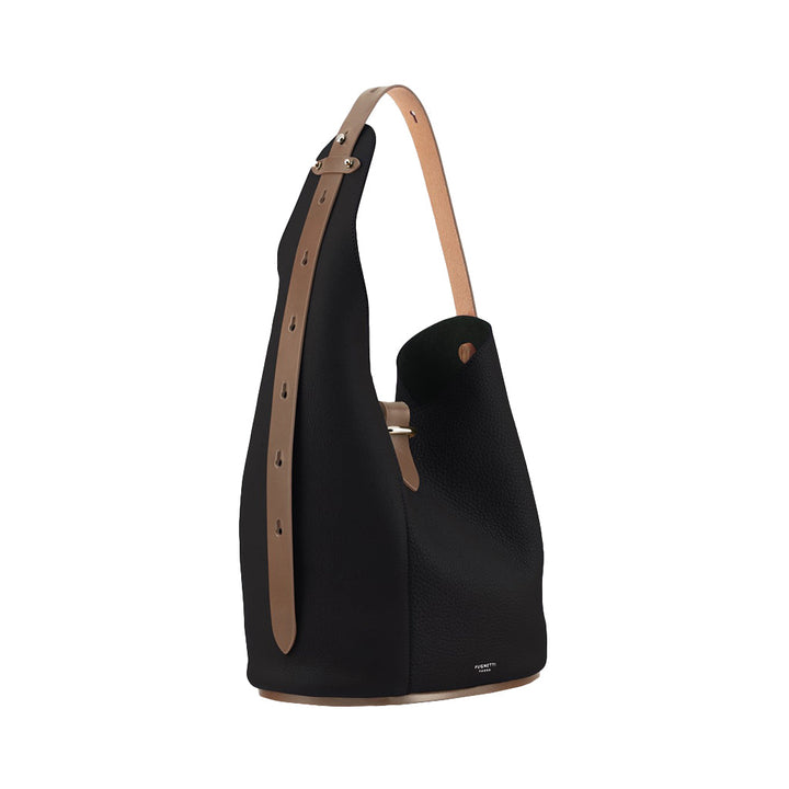 Black leather bucket bag with tan adjustable strap and minimalistic design