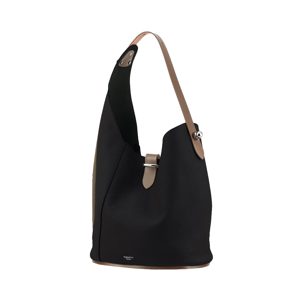 Black leather hobo shoulder bag with tan strap and silver buckle