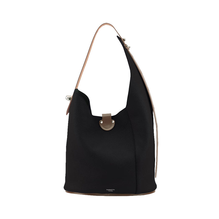 Black leather shoulder bag with beige strap and silver hardware